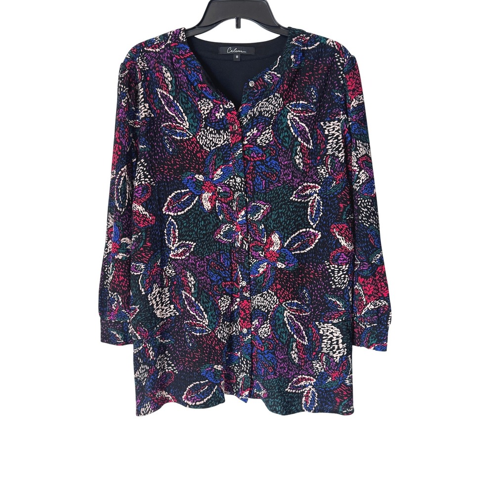 Calessa Women Multicolor Abstract Floral Textured Button Down Tunic Size M